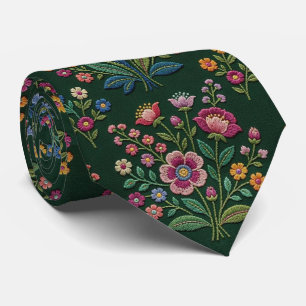Corbata Flores Silvestres Seda Falsa Estilo Bordado Vint
