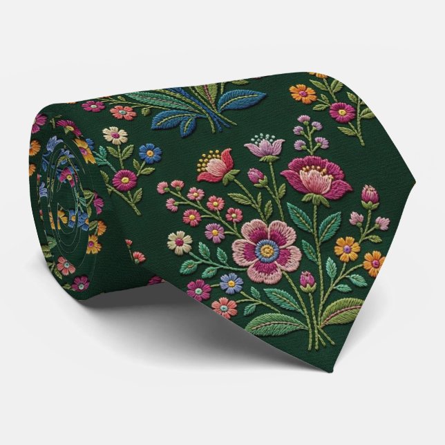 Corbata Flores Silvestres Seda Falsa | Estilo Bordado Vint (Enrollado)