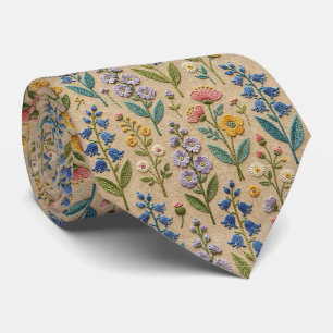 Corbata Flores Silvestres Seda Falsa Estilo Bordado Vint