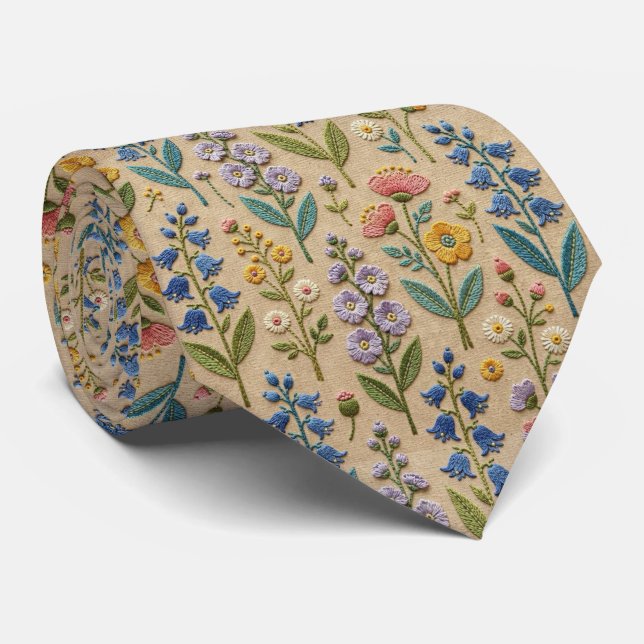 Corbata Flores Silvestres Seda Falsa | Estilo Bordado Vint (Enrollado)