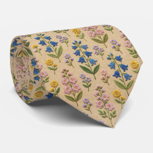 Corbata Flores Silvestres Seda Falsa Estilo Bordado Vint