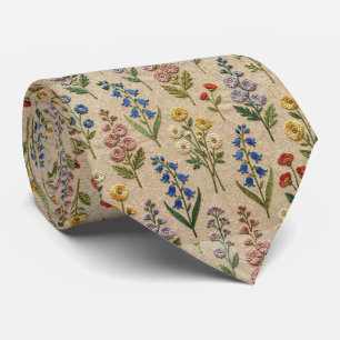 Corbata Flores Silvestres Seda Falsa Estilo Bordado Vint