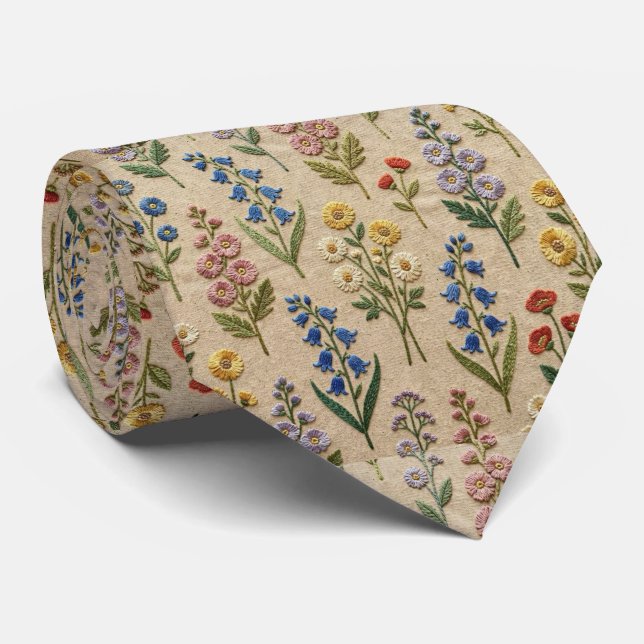 Corbata Flores Silvestres Seda Falsa | Estilo Bordado Vint (Enrollado)