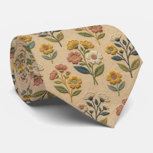 Corbata Flores Silvestres Seda Falsa Estilo Bordado Vint