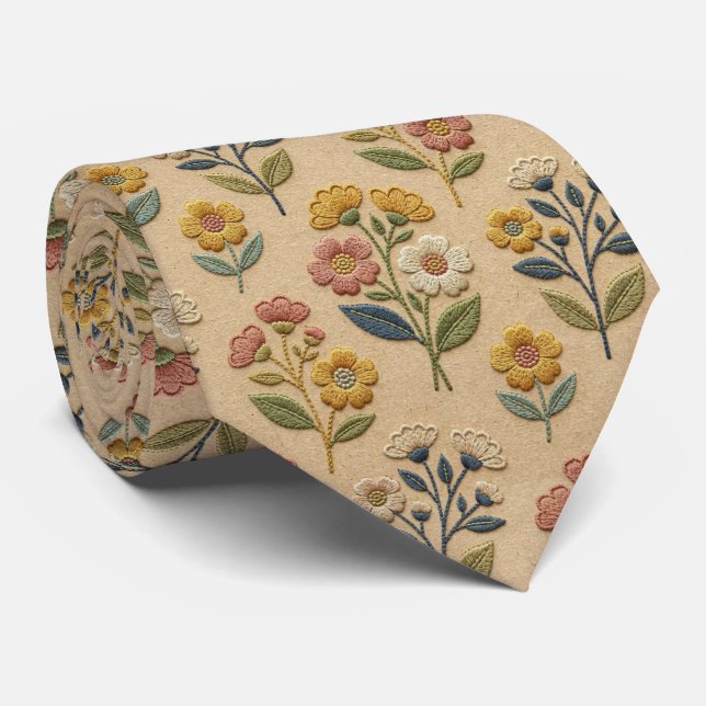 Corbata Flores Silvestres Seda Falsa | Estilo Bordado Vint (Enrollado)