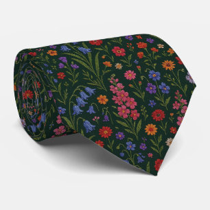 Corbata Flores Silvestres Seda Falsa Estilo Bordado Vint