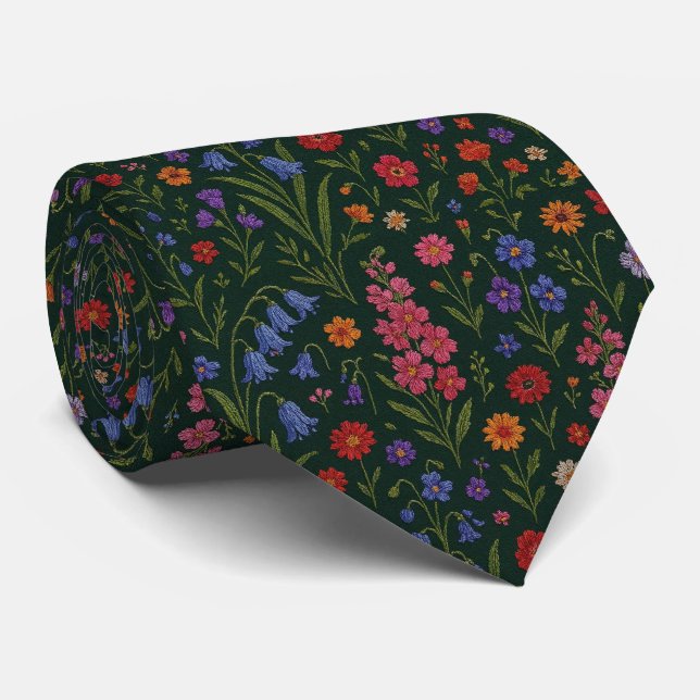 Corbata Flores Silvestres Seda Falsa | Estilo Bordado Vint (Enrollado)