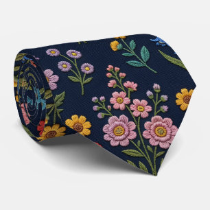 Corbata Flores Silvestres Seda Falsa Estilo Bordado Vint