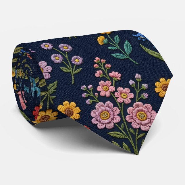 Corbata Flores Silvestres Seda Falsa | Estilo Bordado Vint (Enrollado)