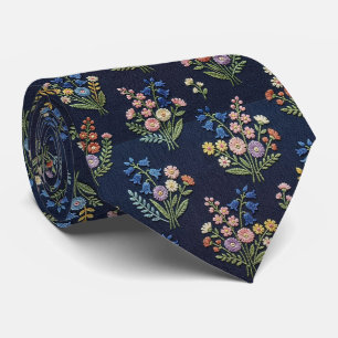 Corbata Flores Silvestres Seda Falsa Estilo Bordado Vint