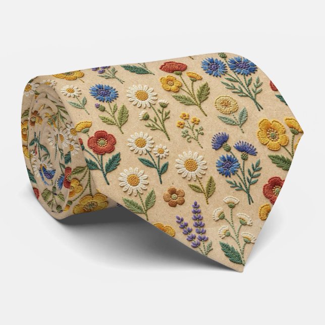 Corbata Flores Silvestres Seda Falsa | Estilo Bordado Vint (Enrollado)