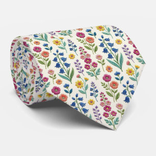 Corbata Flores Silvestres Seda Falsa Estilo Bordado Vint