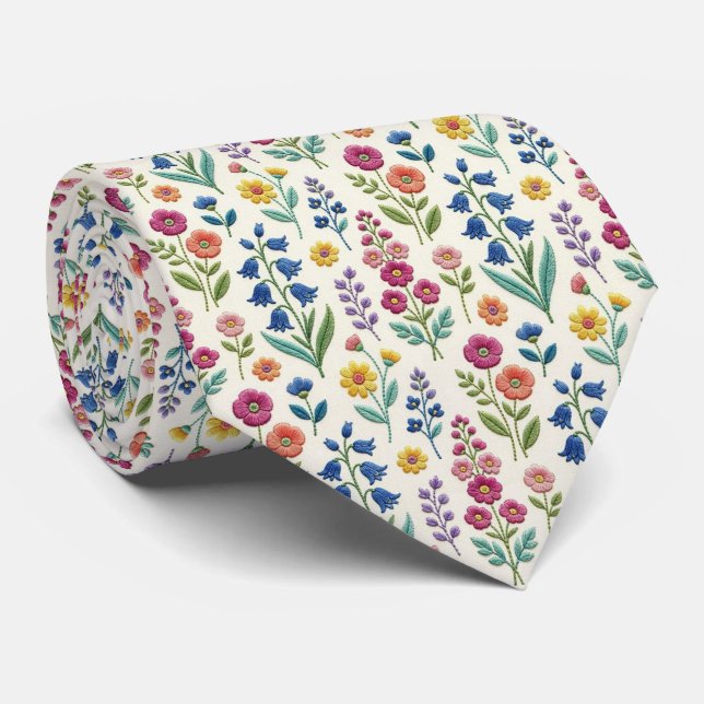 Corbata Flores Silvestres Seda Falsa | Estilo Bordado Vint (Enrollado)
