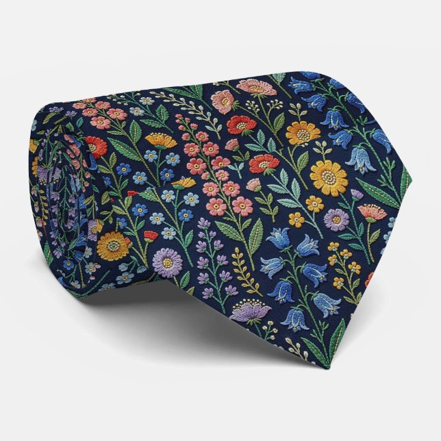 Corbata Flores Silvestres Seda Falsa | Estilo Bordado Vint (Enrollado)