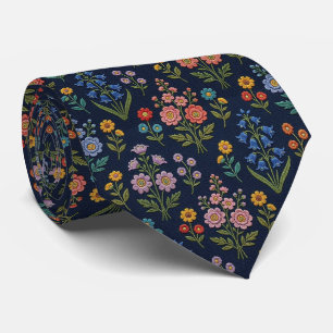 Corbata Flores Silvestres Seda Falsa Estilo Bordado Vint
