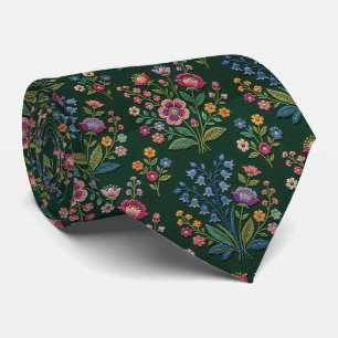 Corbata Flores Silvestres Seda Falsa Estilo Bordado Vint