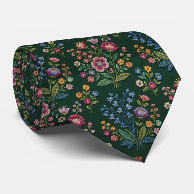 Corbata Flores Silvestres Seda Falsa | Estilo Bordado Vint (Enrollado)