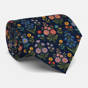 Corbata Flores Silvestres Seda Falsa Estilo Bordado Vint
