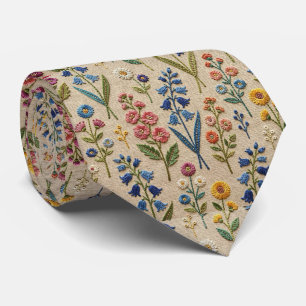 Corbata Flores Silvestres Seda Falsa Estilo Bordado Vint