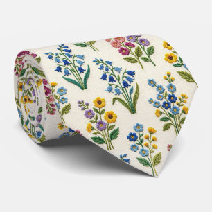 Corbata Flores Silvestres Seda Falsa Estilo Bordado Vint