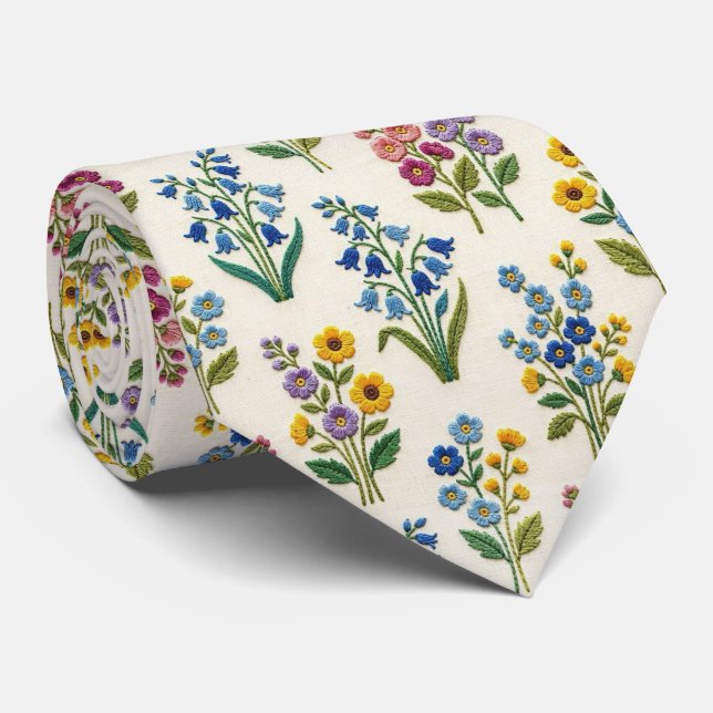 Corbata Flores Silvestres Seda Falsa | Estilo Bordado Vint (Enrollado)