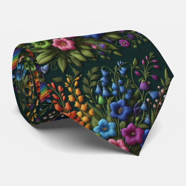 Corbata Flores Silvestres Seda Falsa | Estilo Bordado Vint (Enrollado)