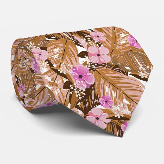 Corbata Flores tropicales dejan el rosado Tan Beige Brown (Enrollado)