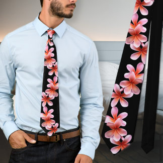 Corbata Flores tropicales negras de Plumeria rosa Unisex