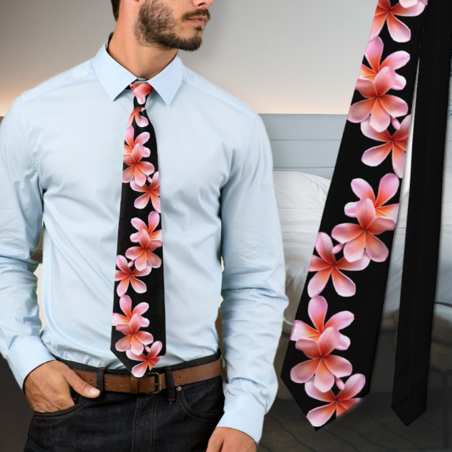 Corbata Flores tropicales negras de Plumeria rosa Unisex (Subido por el creador)