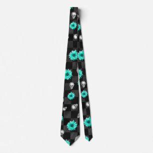 Corbata Flores verde azuladas con calaveras en negro y gri