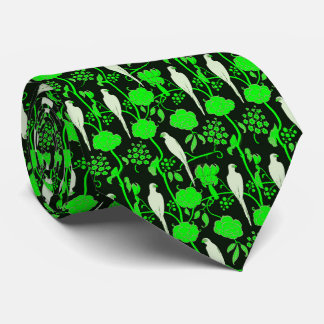 CORBATA FLORES VERDES ART DECO, PARROS BLANCOS EN NEGRO