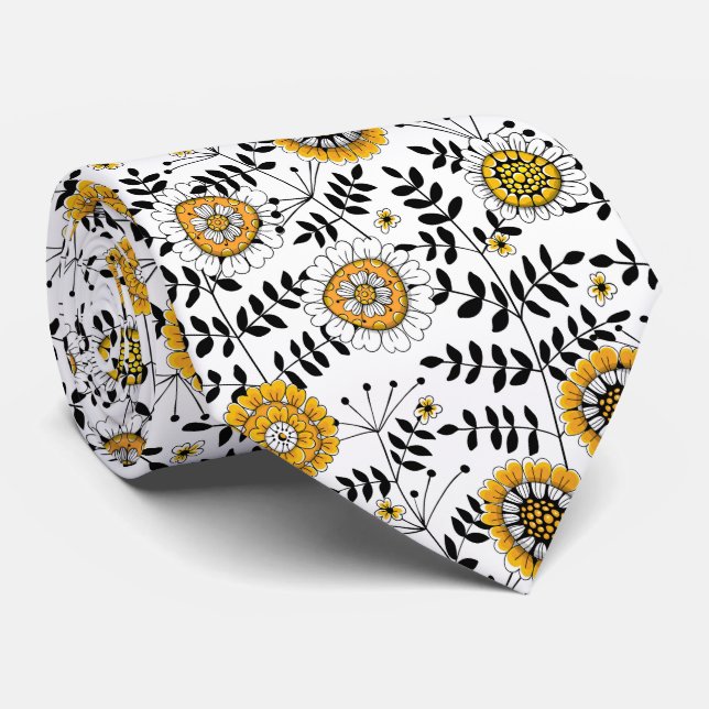 Corbata Flores y hojas de perro en amarillo y negro (Enrollado)