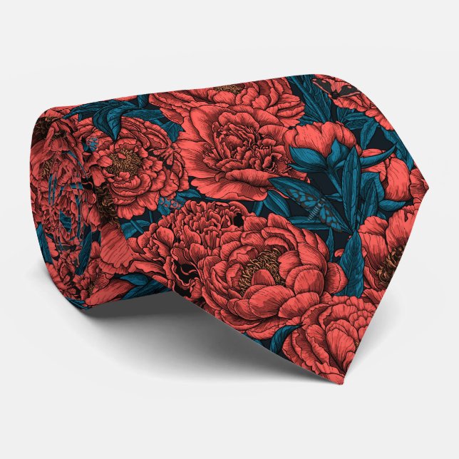 Corbata Flores y polillas de peonía roja (Enrollado)