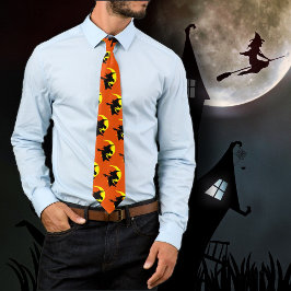 Corbata Flying Witches Pattern Orange Halloween tie