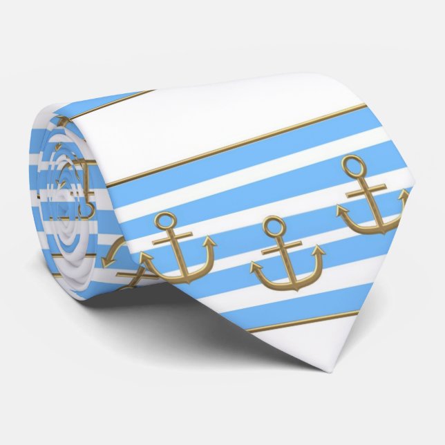 Corbata fondo blanco azul del ancla dorada (Enrollado)