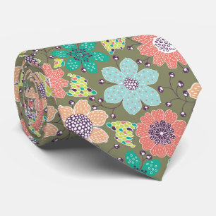 Corbata Fondo suave verde con patrón de flores multicolor