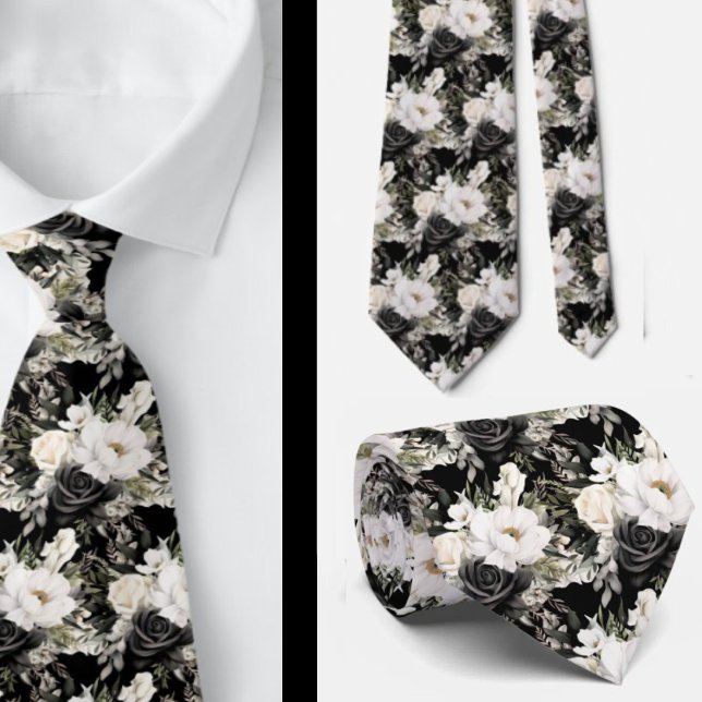 Corbata Formal Floral Acuarela Negra y Blanca (Subido por el creador)