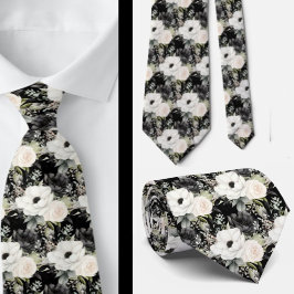 Corbata Formal Floral Acuarela Negra y Blanca