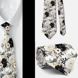 Corbata Formal Floral Acuarela Negra y Blanca