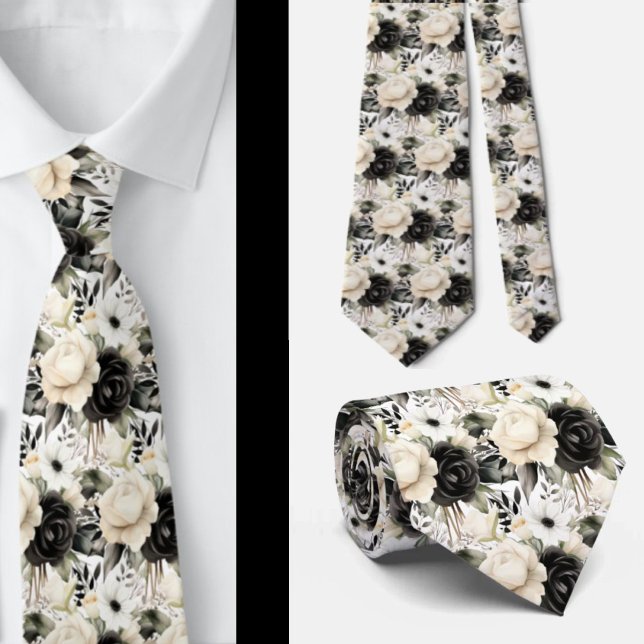 Corbata Formal Floral Acuarela Negra y Blanca (Subido por el creador)