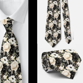 Corbata Formal Floral Acuarela Negra y Blanca