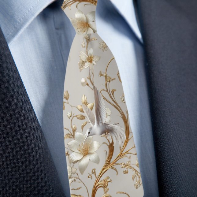 Corbata Formal Floral Colibrí Blanco (Subido por el creador)
