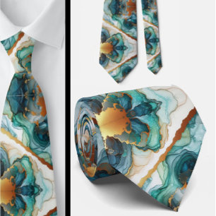 Corbata Formal Mármol Azul Teal y Dorado