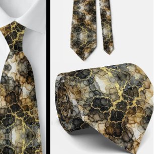 Corbata Formal   Mármol Negro, Blanco y Dorado
