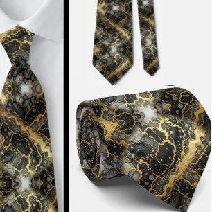 Corbata Formal   Mármol Negro, Blanco y Dorado