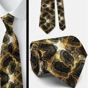 Corbata Formal   Mármol Negro, Blanco y Dorado