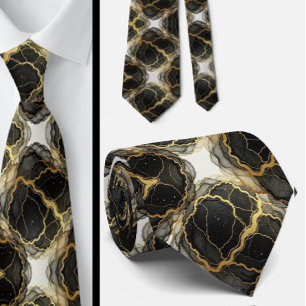 Corbata Formal   Mármol Negro, Blanco y Dorado