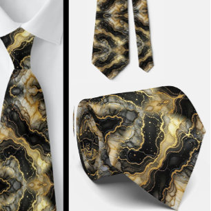 Corbata Formal   Mármol Negro, Blanco y Dorado