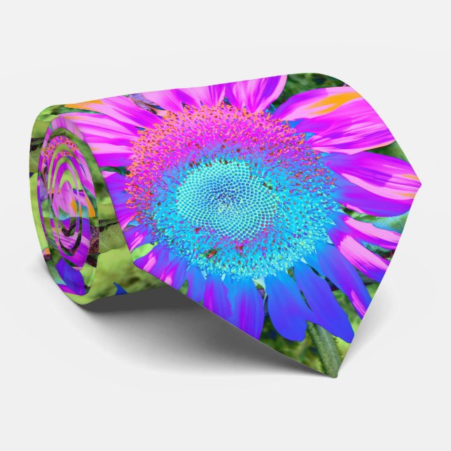 Corbata Foto de girasol retro rosa azul (Enrollado)