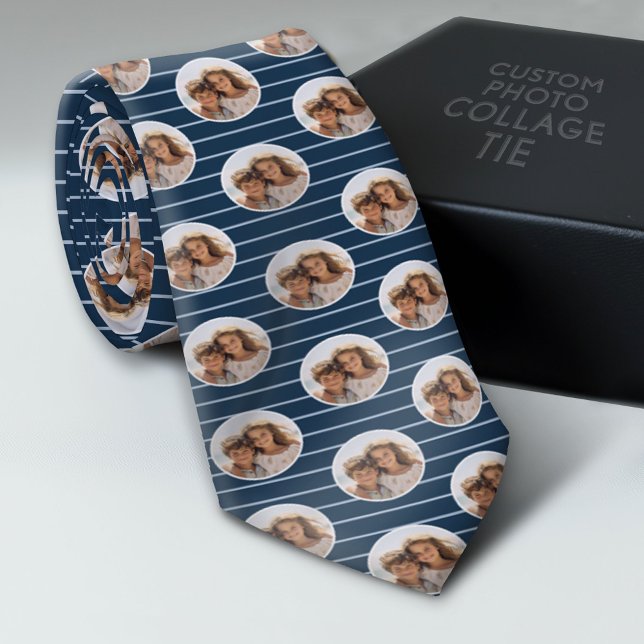 Corbata Foto de un círculo con franjas azules (Photo Collage Neck Tie - Add Your Favorite Photos)